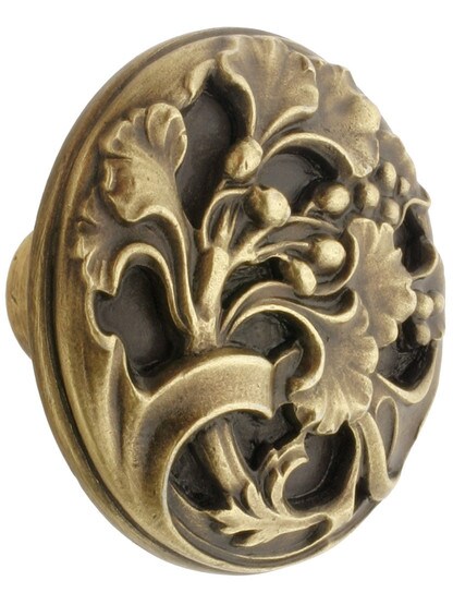 Ginkgo Leaf Cabinet Knob - 1 3/8 inch Diameter in Antique Brass.